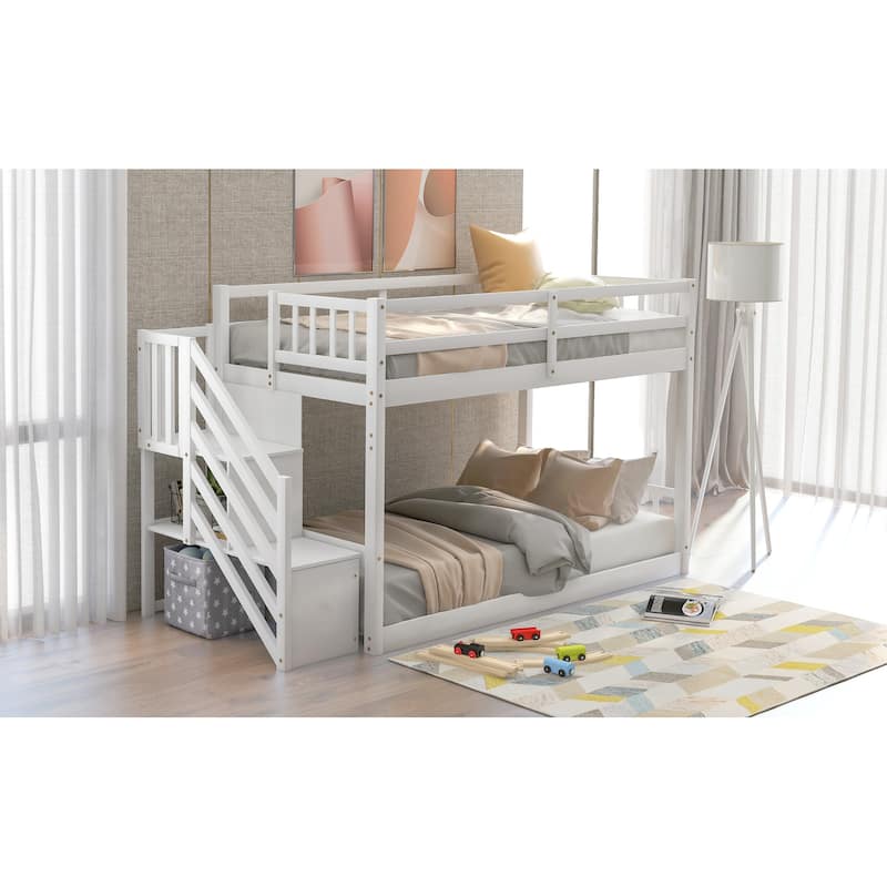 Twin over Twin Floor Bunk Bed, Ladder with Storage, White