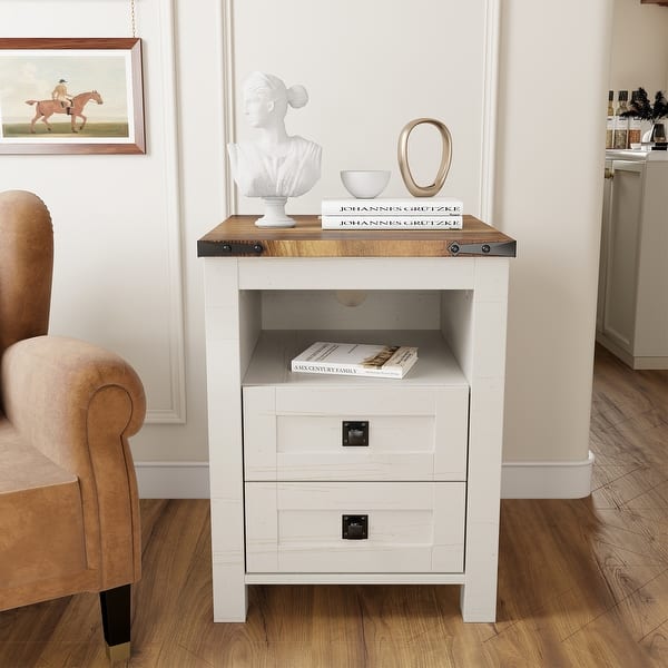 Farmhouse Nightstand with Charging Station, End Table, Side Table - Antique White