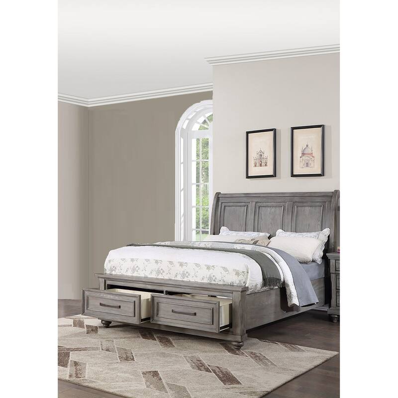 Traditional Style 1pc Bed Set Underbed Drawers Bun Feet Light Gray Finish