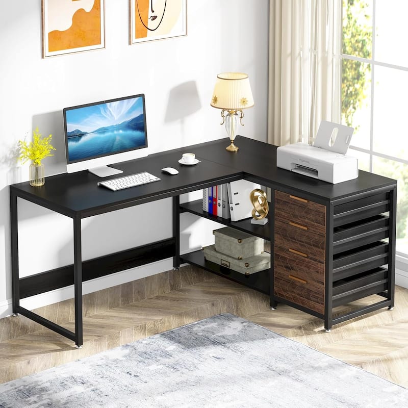 59"L-Shaped Computer Desk with Drawers and Shelves, Reversible Corner Office Desk Workstation, Writing Table with File Cabinets