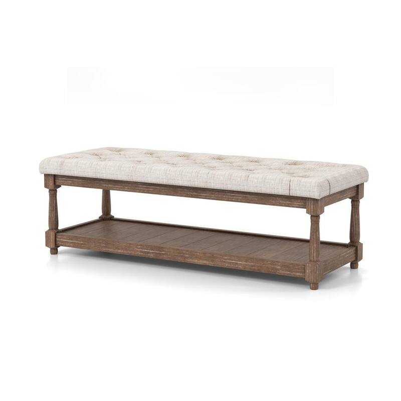 Linen and Wood Bench with Open Shelf - Beige