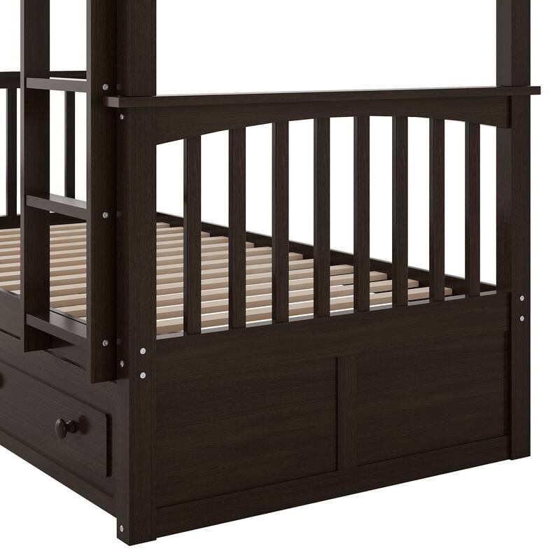 Convertible Bunk Beds, Wooden Bunk Bed Frame with 2 Drawers and Safety Fence, Divided Into 2 Separate Beds Frame
