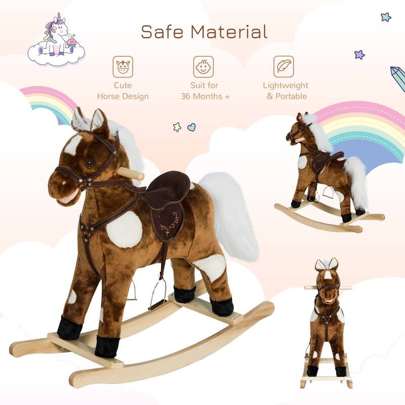Kids Plush Rocking Horse with Authentic Neigh Sounds, Saddle, and Stirrup for 3-8 Years Old - Comfortable Velvet Fabric