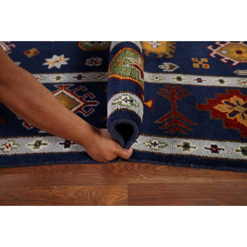 Navy Blue Geometric Kazak Oriental Area Rug Handmade Wool Carpet - 8'8" x 11'11"