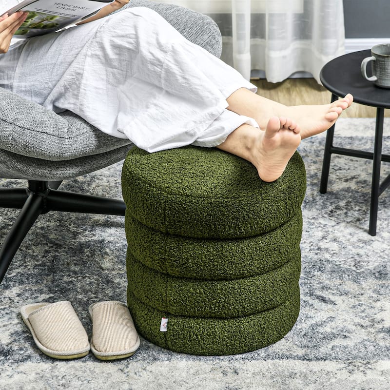 HOMCOM Modern Round Ottoman, Teddy Fleece Fabric Upholstered Foot Stool with Padded Seat for Living Room, Entryway, Green