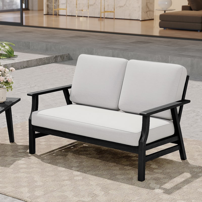 Casual Wood Cushioned 5-Piece Outdoor Patio Conversation Set - 2-Seat Loveseat - Beige