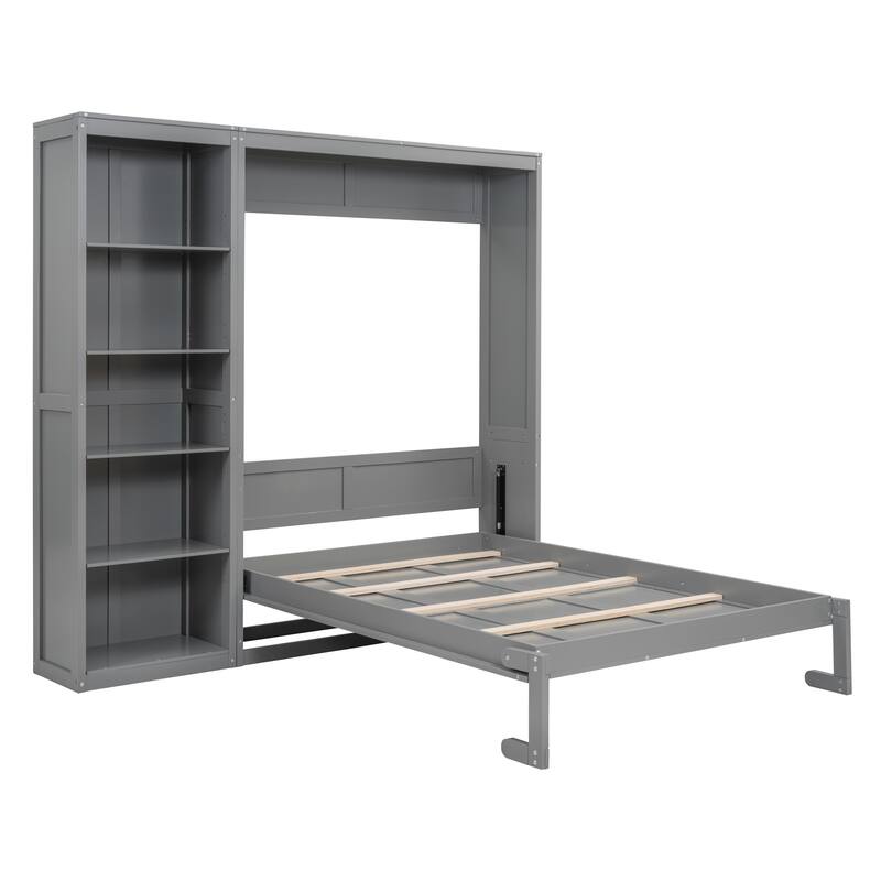 Space-Saving Full Size Wall Bed with Shelves and Mattress Holder, Gray