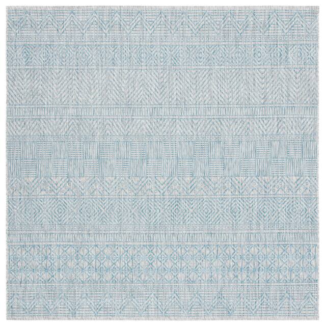 SAFAVIEH Courtyard Zorana Indoor/ Outdoor Waterproof Patio Backyard Rug - 6'7" x 6'7" Square - Light Grey/Aqua