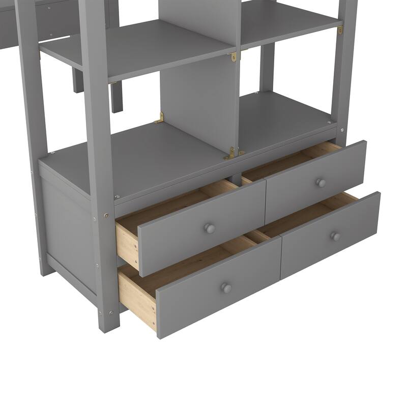 Twin Size Kids Loft Bed with Desk, Storage, Ladder & Safety Guardrail