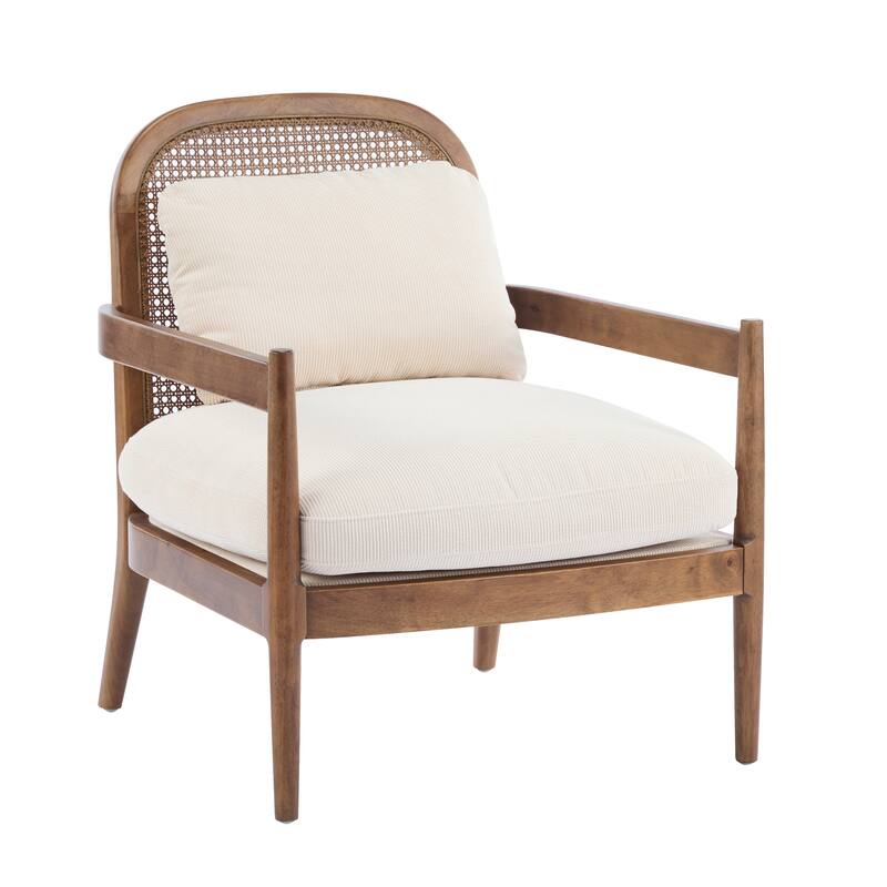 Roomfitters Mid-Century Accent Chair with Walnut Wood Frame & Rattan Back, Striped Cushion, Set of 2