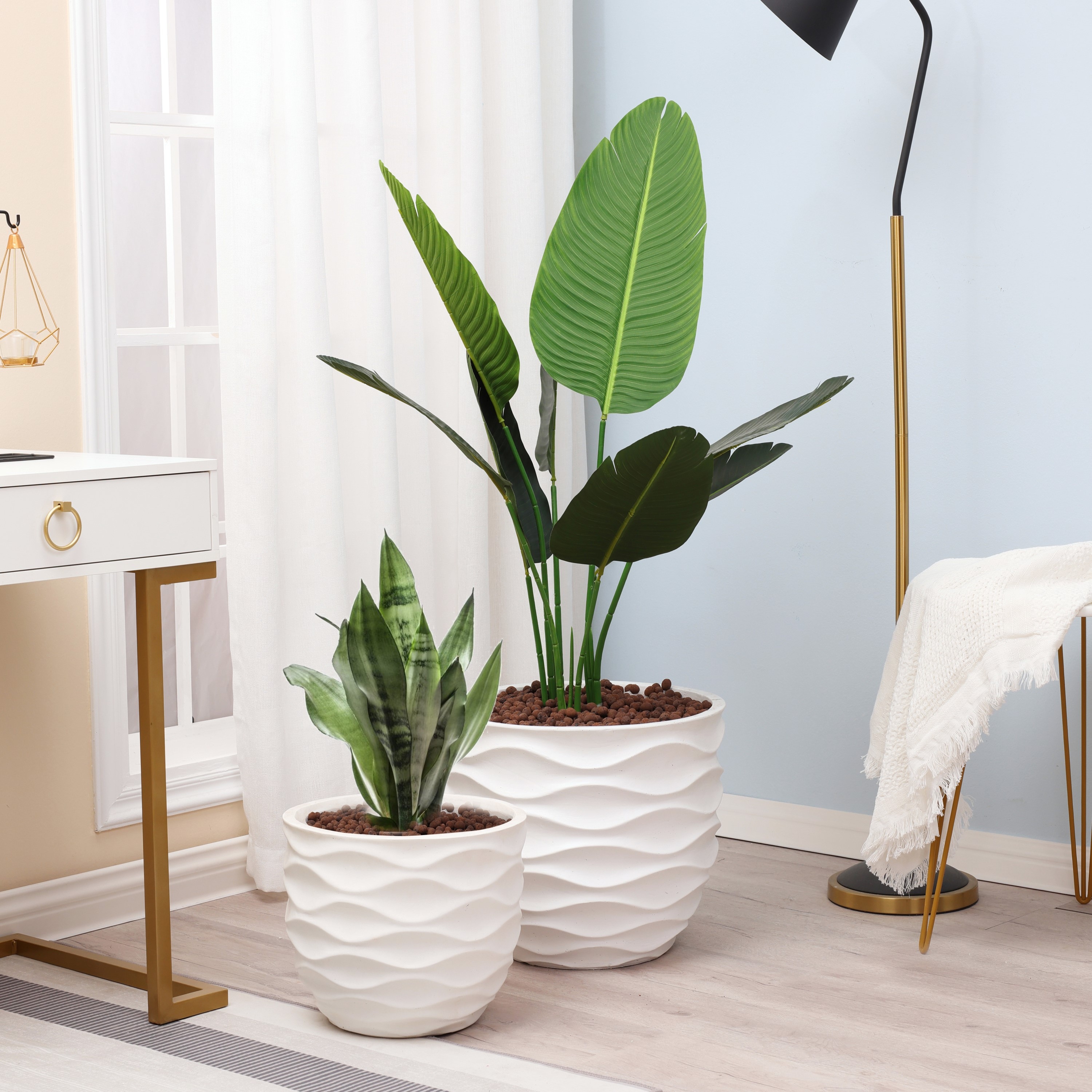 White Horizontal Waves Round MgO Indoor/Outdoor Planter - 11.61" H x 13.39" Diameter