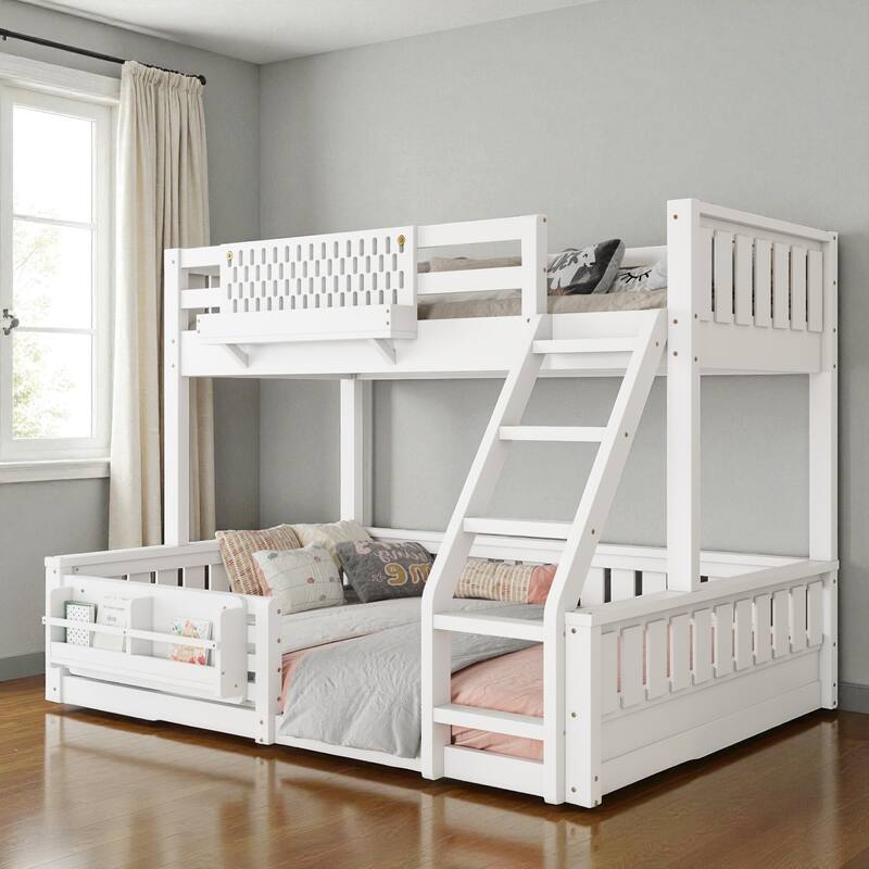 Twin XL over Queen Bunk Bed with Ladder, Guardrails, Pegboard Storage and Built-in Bookshelf, Solid Wood Frame