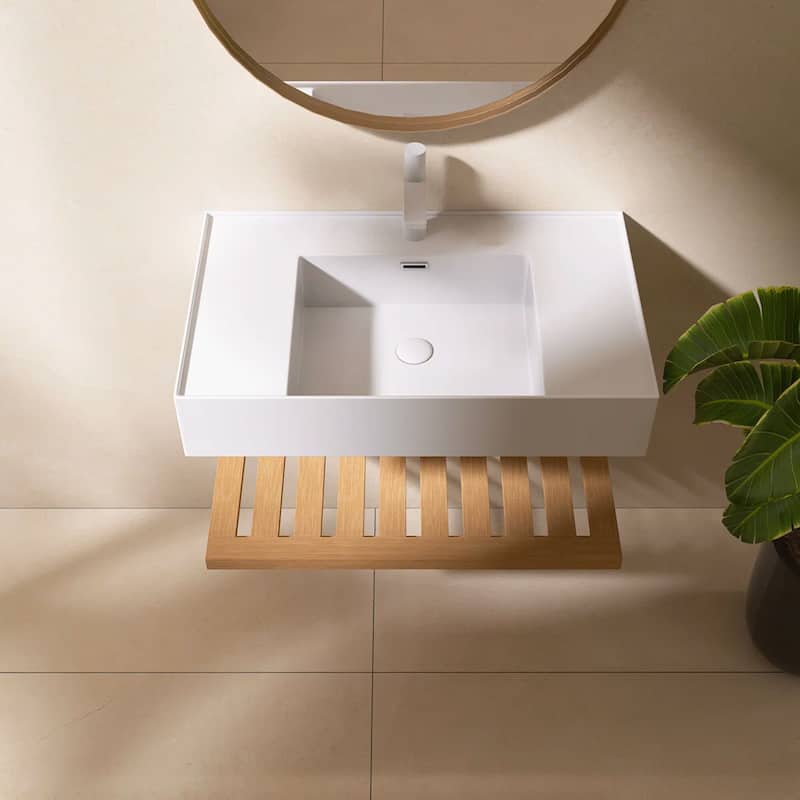 Wall-Mounted Bathroom Vanity in Natural Wood with White Integrated Acrylic Sink