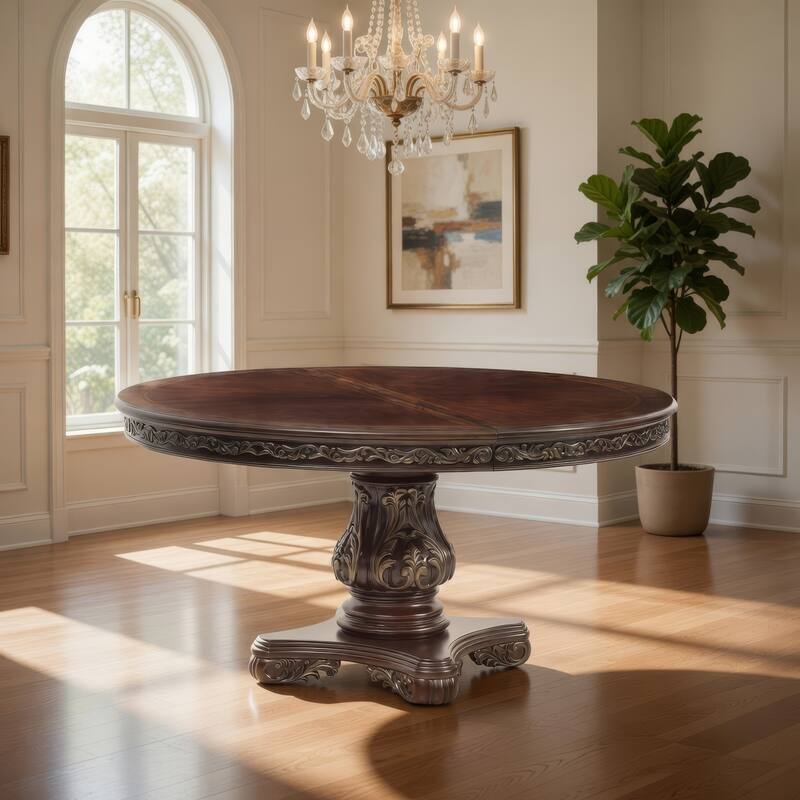 Ellie 60-76 Inch Round Extending Dining Table, Pedestal Base, Cherry Brown