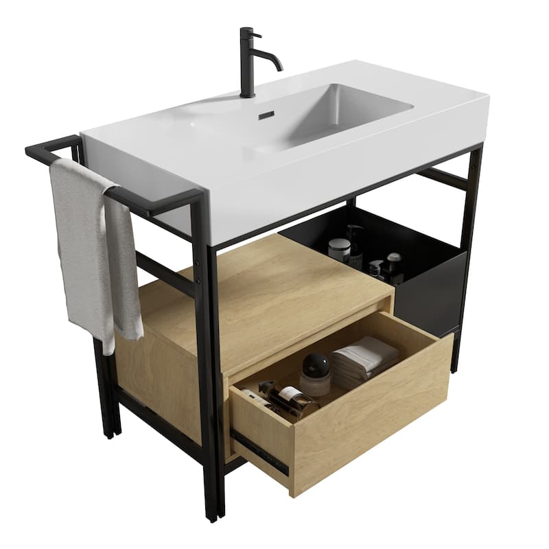 36" Industrial Style Modular Bathroom Vanity. This vanity features a robust metal frame accented with warm wood elements