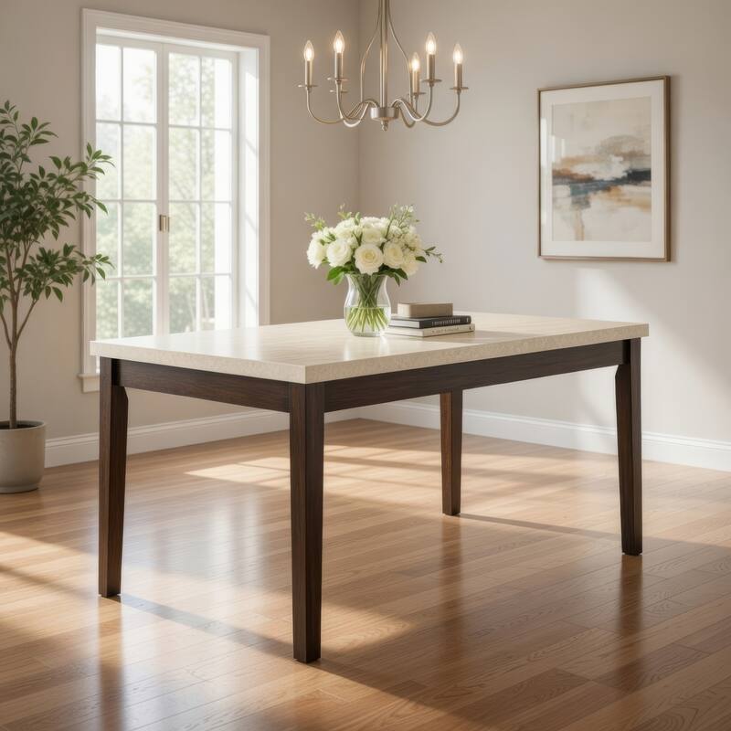 Rectangular Wooden Dining Table with Marble Top, White and Dark Oak Brown