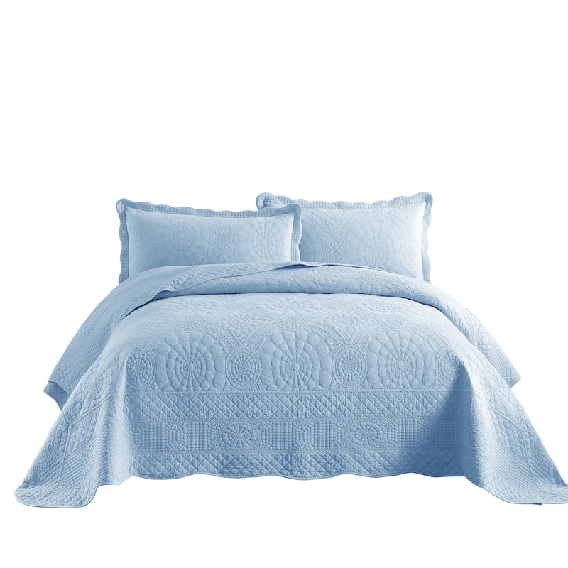 MarCielo 3Pcs 100% Cotton Oversized Quilt Bedspread Coverlet Set TF - Light Blue - Oversized Queen