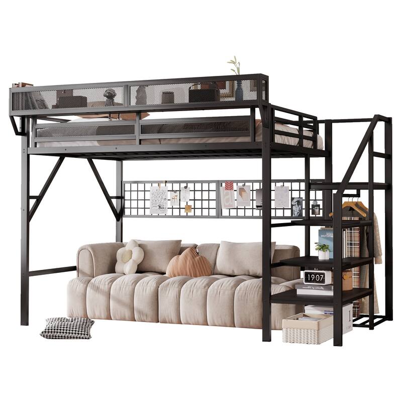 Black High Loft Bed with Wardrobe and Grid Storage for Kids Teens Adults Metal Loft Bed Frame with Light and Stairs