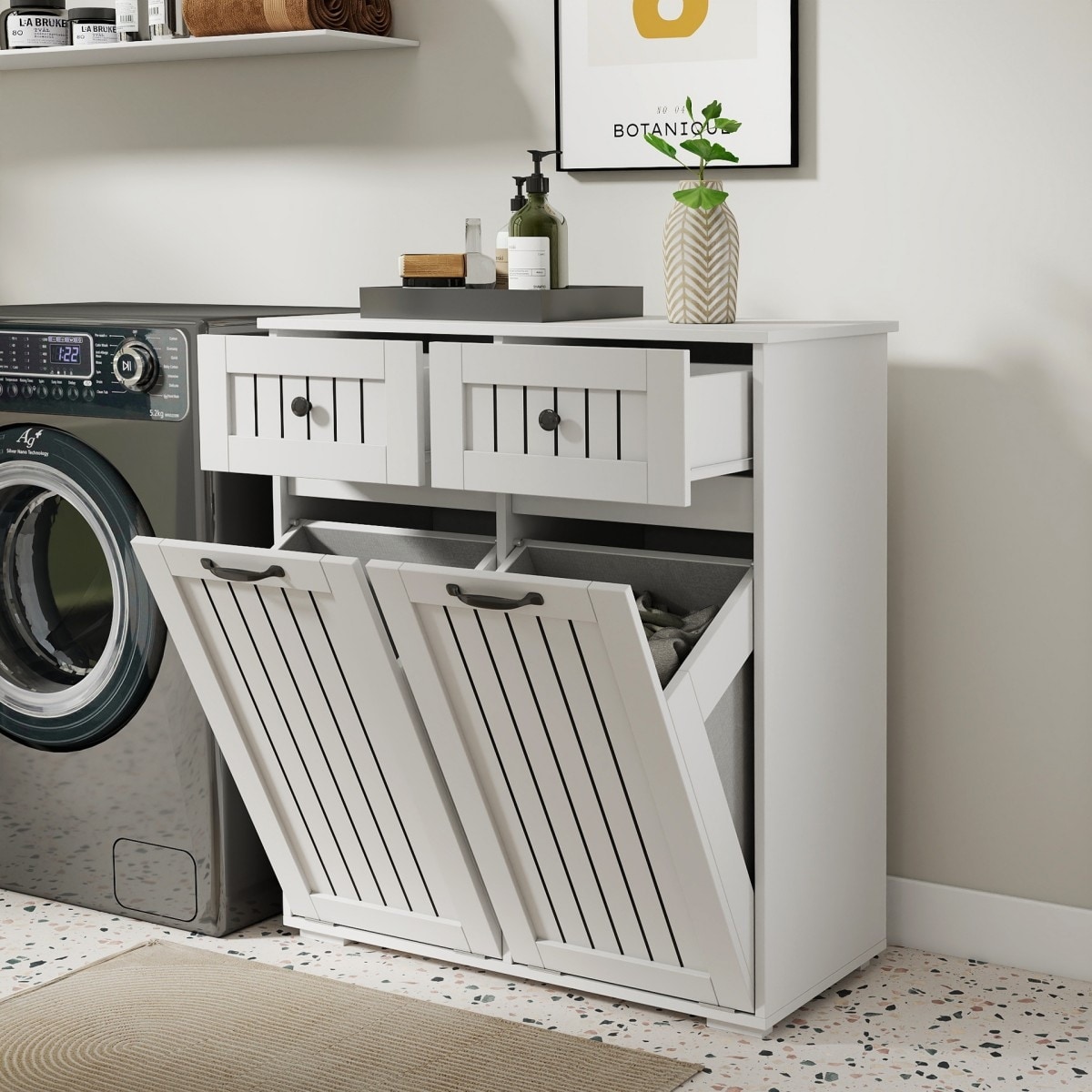 Laundry Cabinet with 2 Removable Laundry Baskets and 2 Drawers