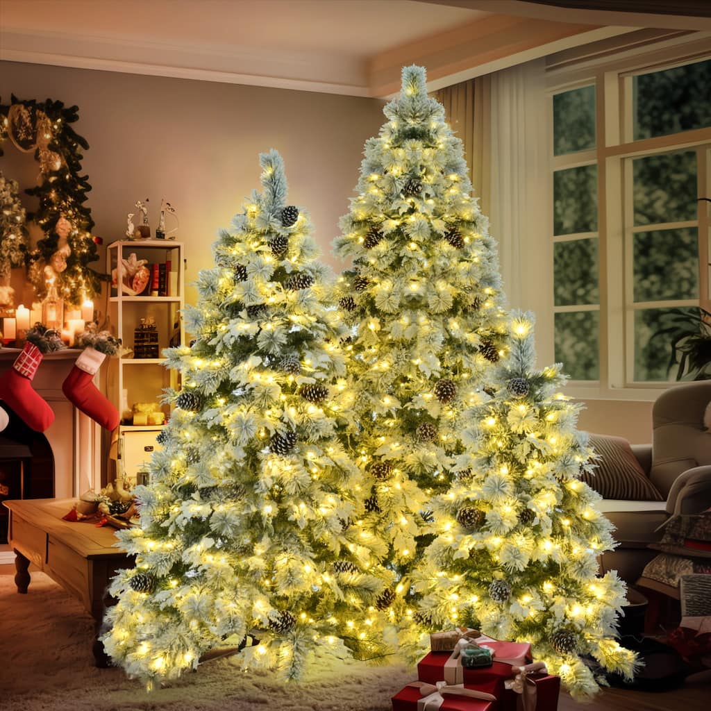 Pre-Lit Spruce Snow Flocked Xmas Tree Set - 4FT,6FT, 7.5FT With Pine Cones LED Lights & 11 Flashing Modes - 4FT+6FT+7.5FT