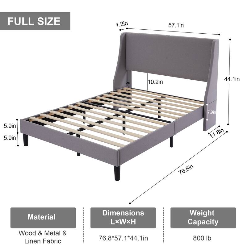 VECELO Bed Frame with Upholstered Wingback Headboard,Platform Bedframe with Charging Station & Side Pockets