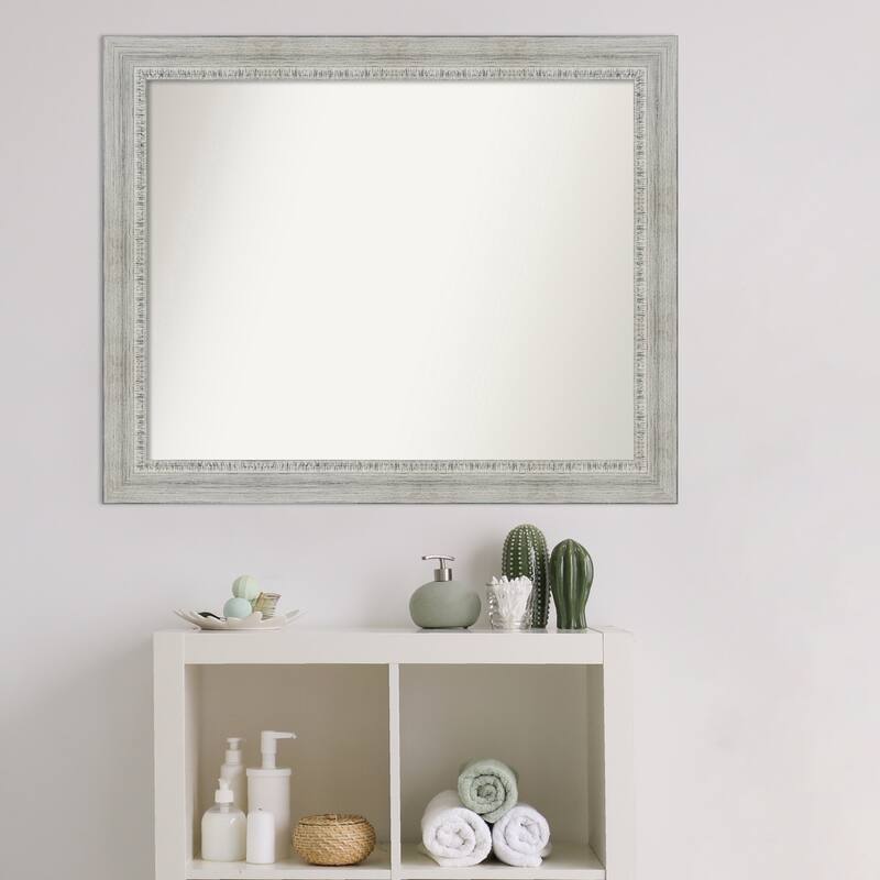 Non-Beveled Wood Bathroom Wall Mirror - Rustic White Wash Frame