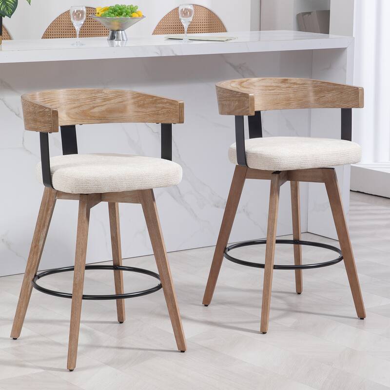 Beck Beige Linen Fabric Counter Stool with Natural Wood Backrest and Legs