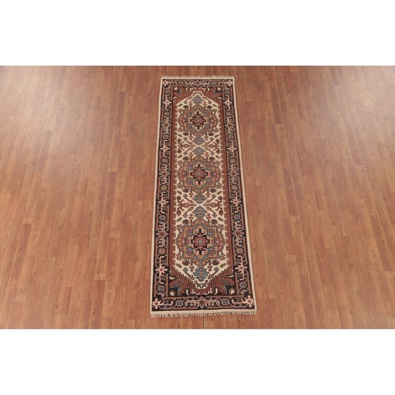 Geometric Beige Heriz Serapi Runner Rug Hand-Knotted Wool Carpet - 2'7"x 7'11"