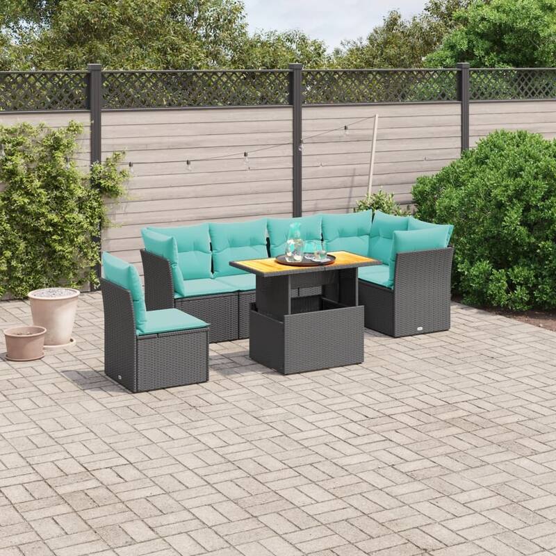 vidaXL 7 Piece Patio Sofa Set with Cushions Black Poly Rattan - 24.4 x 24.4 x 27.2 - Black-Table + 3x middle + 3x corner