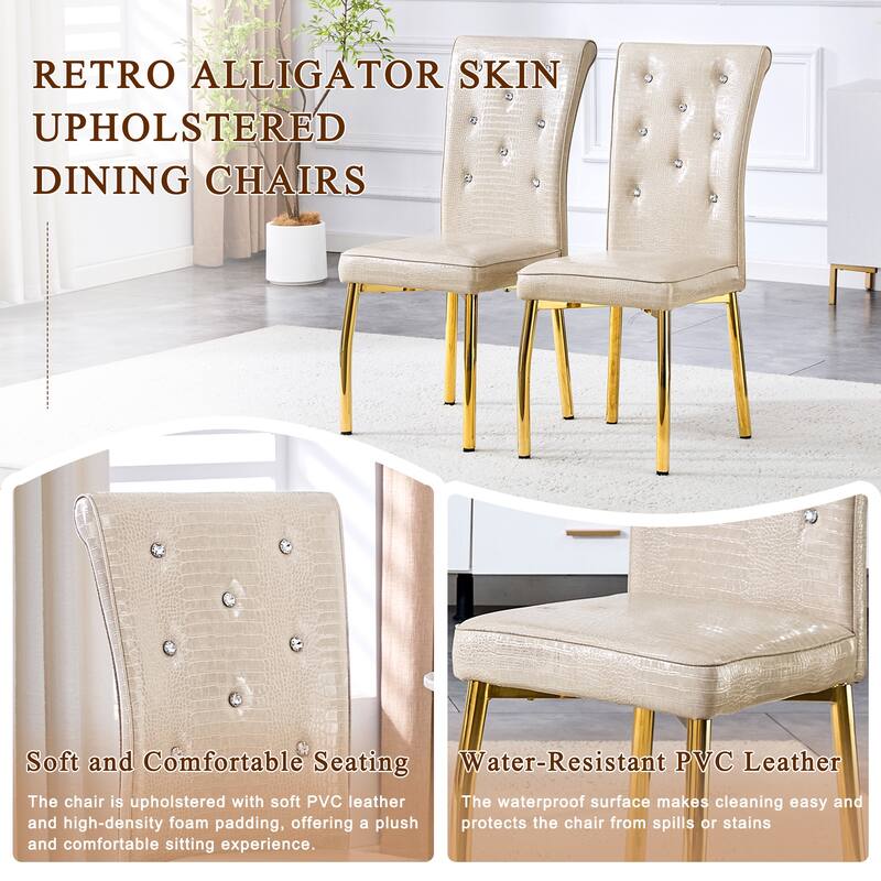 A set of 4 white and black vintage crocodile leather cushioned dining chairs, featuring crystal clasp design and leather