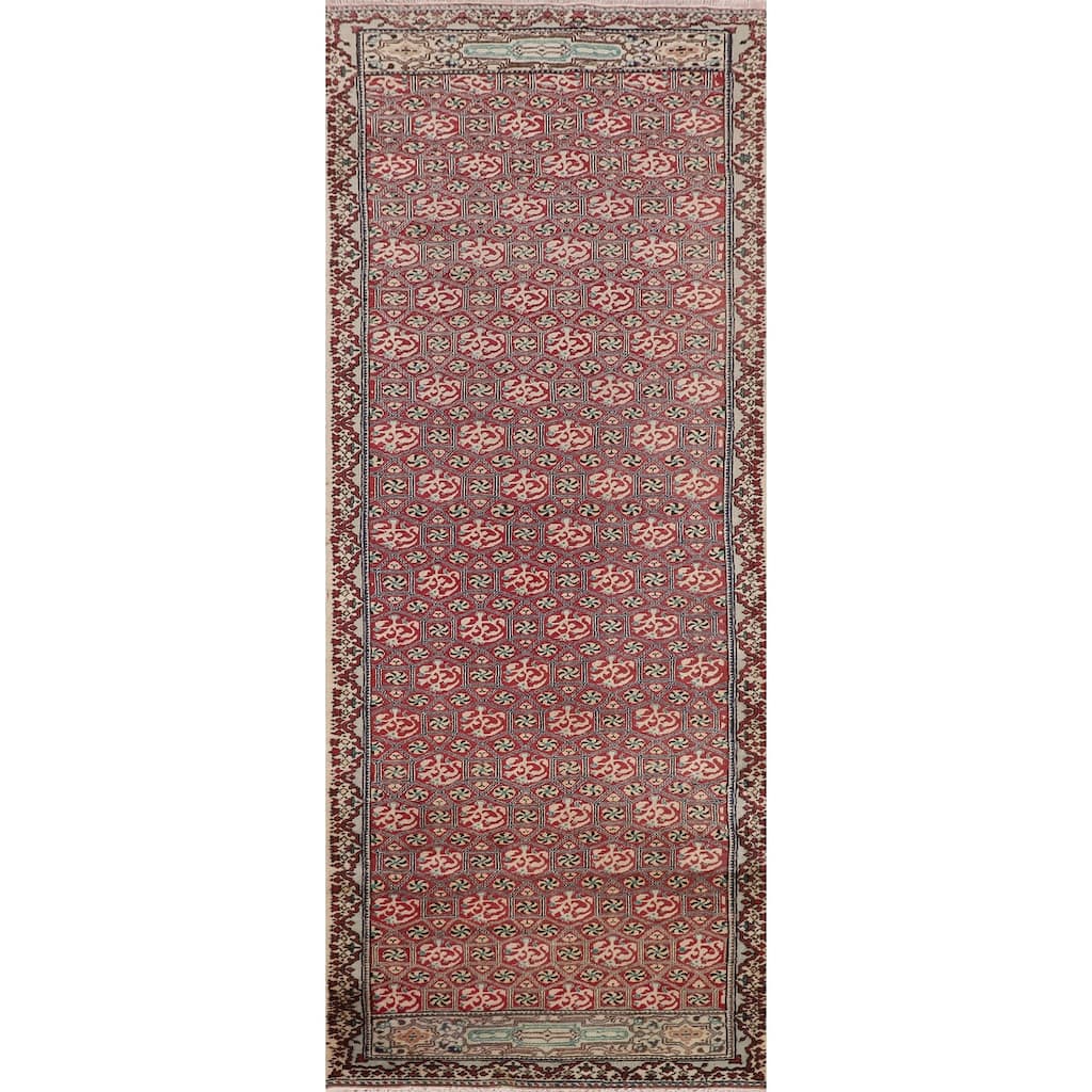 Red Anatolian Turkish Vintage Runner Rug Handmade Wool Carpet - 3'2" X 9'5"