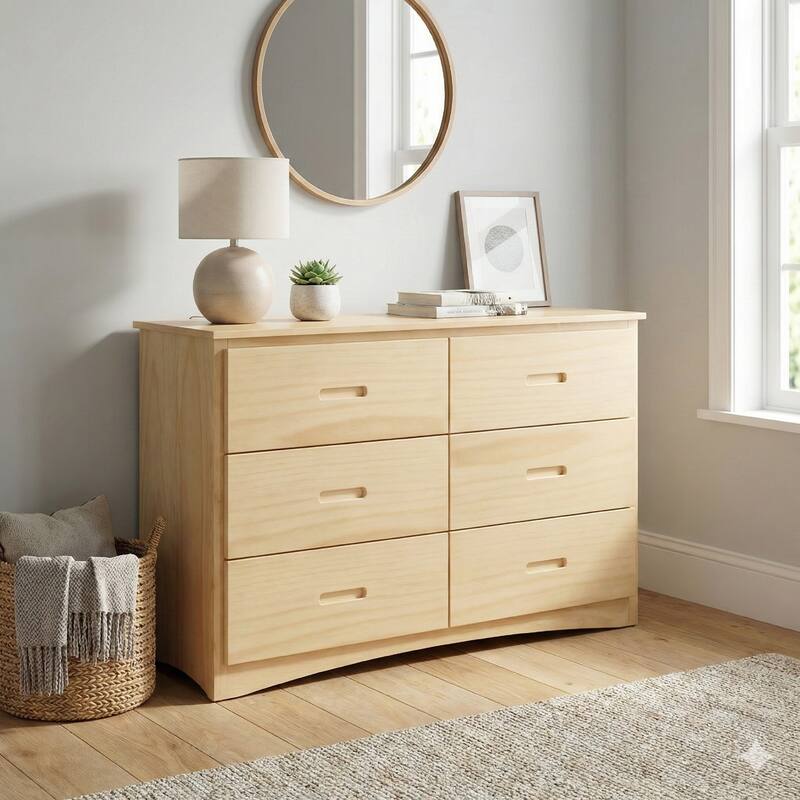 Catherine 48 Inch Kids Dresser, 6 Drawers, Natural Pine Brown Wood Finish