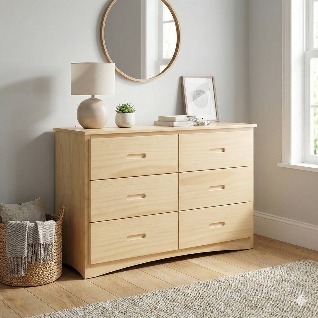 Catherine 48 Inch Kids Dresser, 6 Drawers, Natural Pine Brown Wood Finish