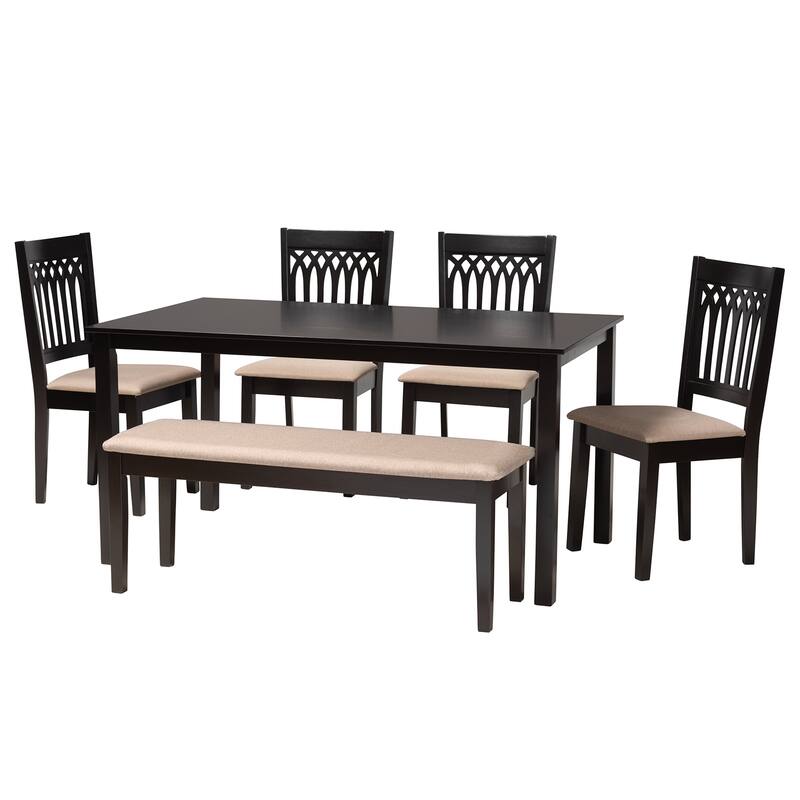 Genesis Modern styled Fabric and Wood Dining Set - Beige, Dark Brown - 6-Piece(bench included)