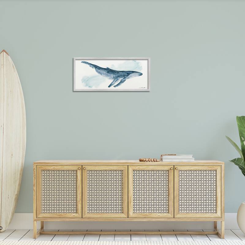 Stupell Nautical Humpback Whale Marine Animal Blue Watercolor Painting Framed Wall Art - White
