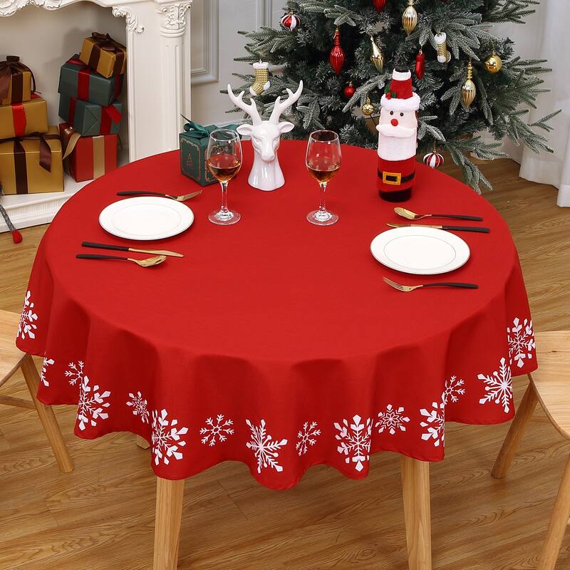 Christmas Tablecloth Snowflakes Xmas Decor for Round Tables, Red