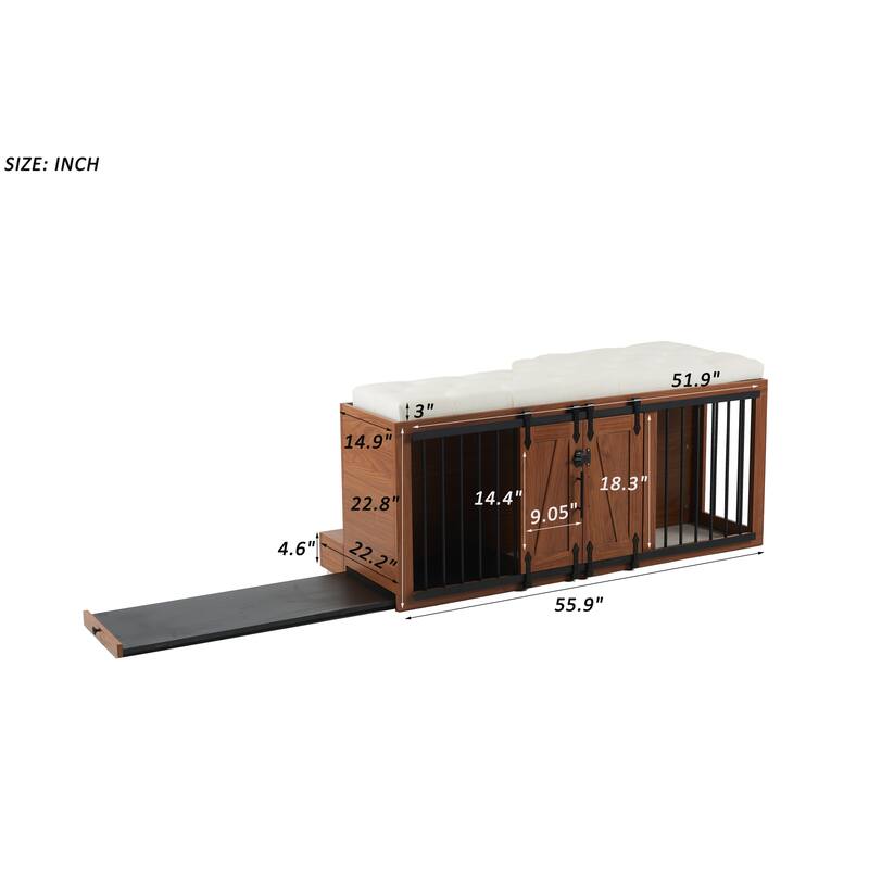 56"L, Furniture Style 2 in 1 Dog Crate with Padded Seat, Sliding Barn Door, Luxury Wooden Dog Kennel