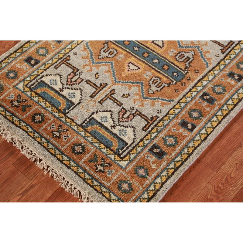 Hand Knotted Oriental 100% Wool Carpet Traditional Geometric Greys & Charcoal Heriz (serapi) Runner Rug - 8' 0'' X 2' 7''