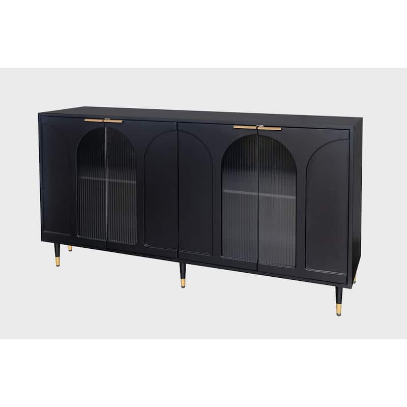 Black Sideboard Buffet Server Cabinet TV Console Table w/ 4 Glass Doors, Hallway Cabinet Adjustable Shelf Accent Storage Cabinet