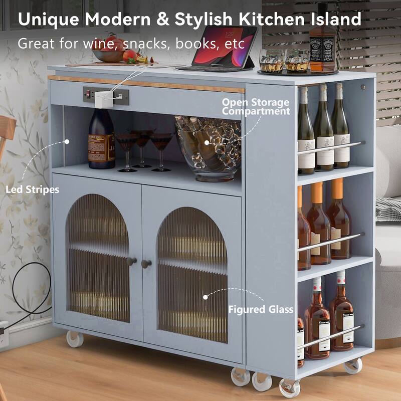 T-shape Grey Blue Kitchen Island Set w/ LED, Power Outlets and Wheels