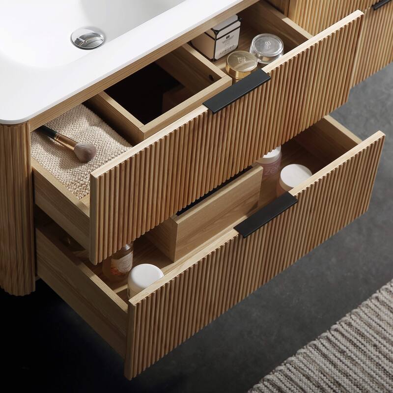 Modland 60" Natural Reeded Oak Wall-Mounted Double Sink Bathroom Vanity with Acrylic Top