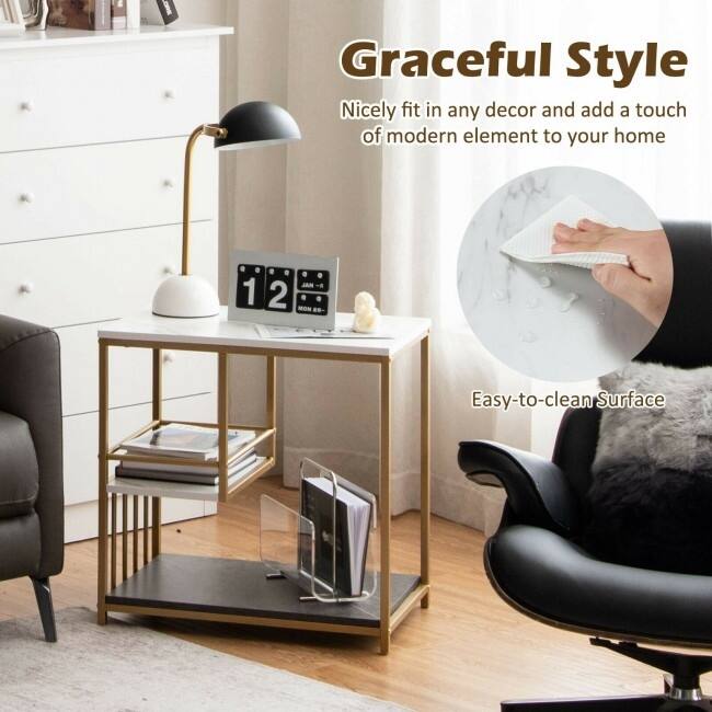 3-Tier Sofa Side Table with Golden Polished Steel Frame and Open Storage Shelf - 23.5" x 15.5" x 24" (L x W x H)