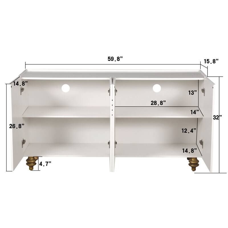 Modern Fluted Sideboard Buffet with Adjustable Shelves, Gold Base & 4 Doors for Kitchen or Dining Room