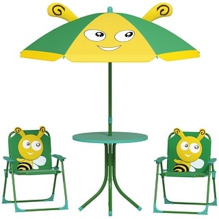 Qaba Kids Picnic Table and Chair Set, Outdoor Activity Table with Foldable Chairs, Removable Umbrella, Green