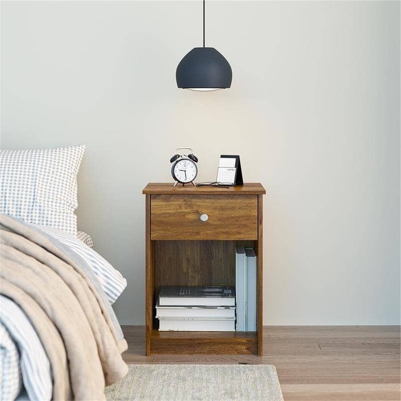 Rusic Brown Oak Farmhouse 1-Drawer Bedroom Nighstand with Open Shelf