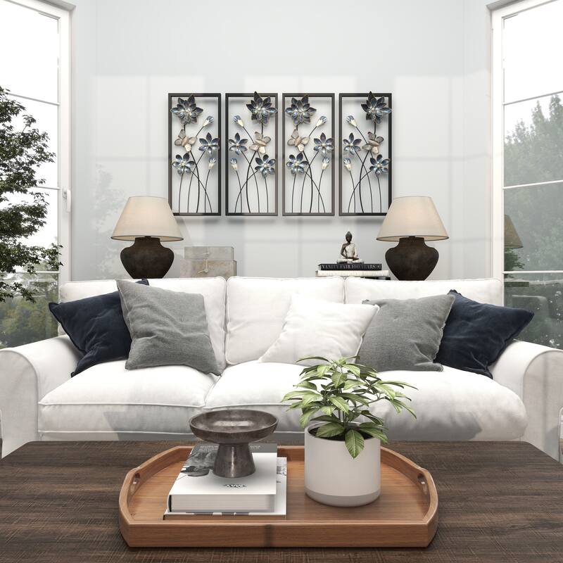 Teal Metal Floral Home Wall Decor with Black Frames and Butterfly Accents (Set of 2)