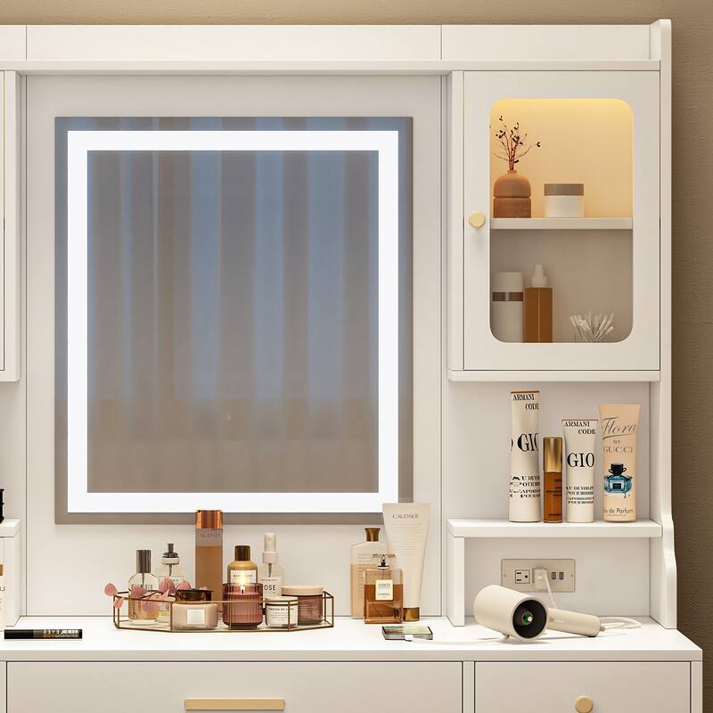 Vanity Desk with Lighted Mirror, Extra Large Capacity Dressing Table Set, Vanity Makeup Table with 6 Drawers & 4 Cabinets