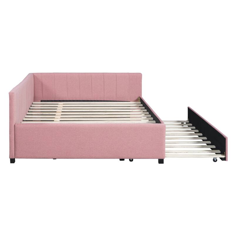 Full Size Upholstered Daybed with Trundle Sofa Bed Frame No Box Spring Needed, Linen Fabric(Beige)