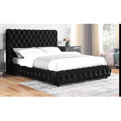 1pc Contemporary Upholstered King Bed Tufted Headboard and Footboard Bedroom Furniture Black