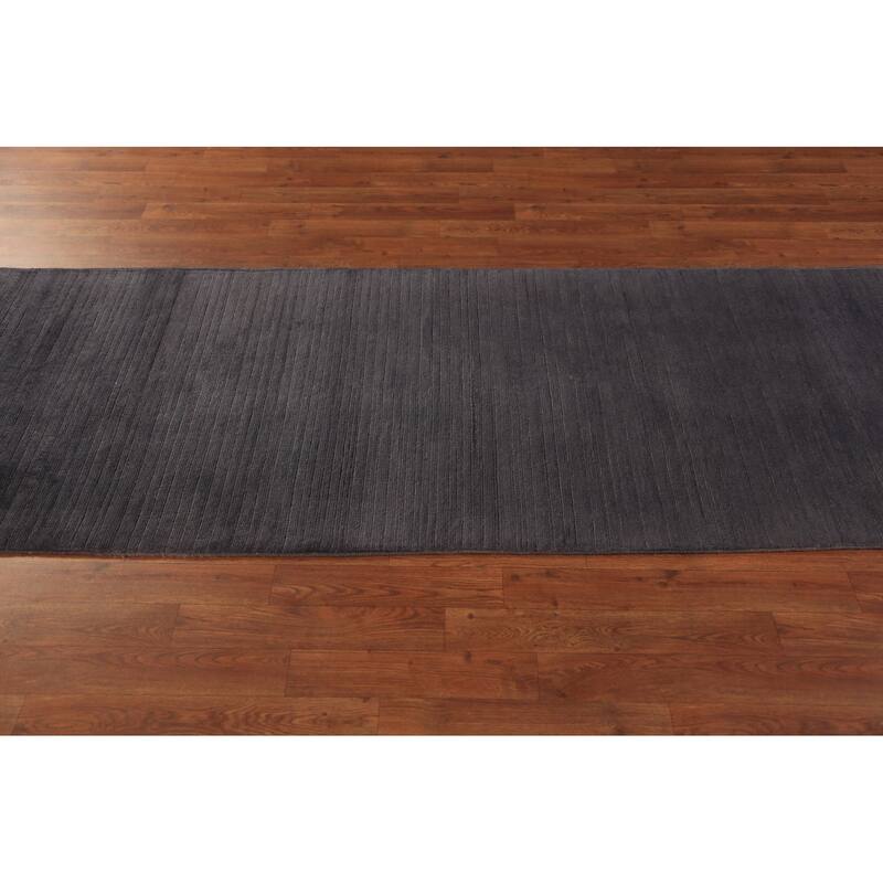 Modern Gray Gabbeh Runner Rug Hand-Knotted Grey Wool Carpet - 2'11" x 9'7"